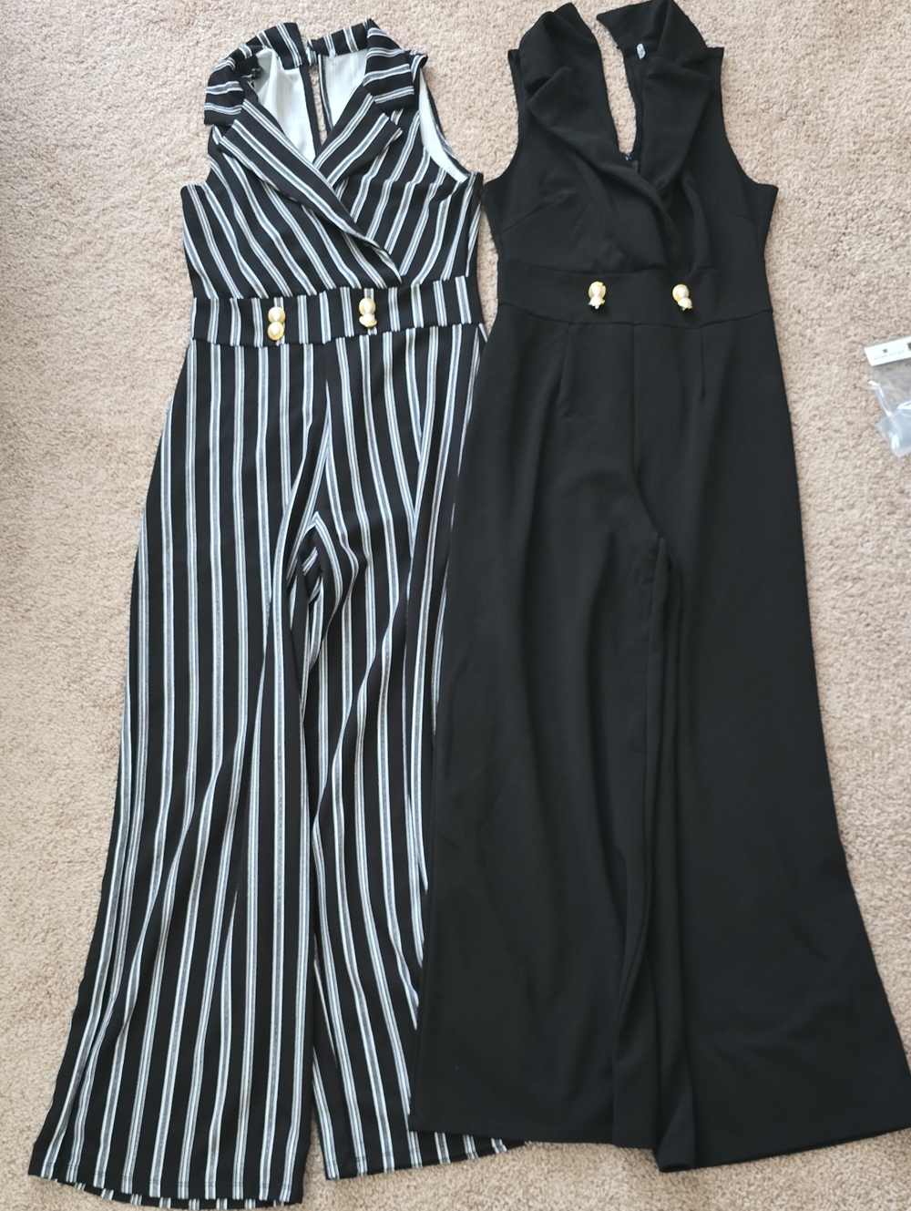 Black Striped & Solid Black Sleeveless Jumpsuits with Gold Accent
